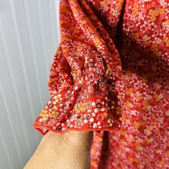 Max Studio Womens Plus Sz 1X Ruffle Neck Top Red White Floral Long Sleeve BOHO - Picture 4 of 15